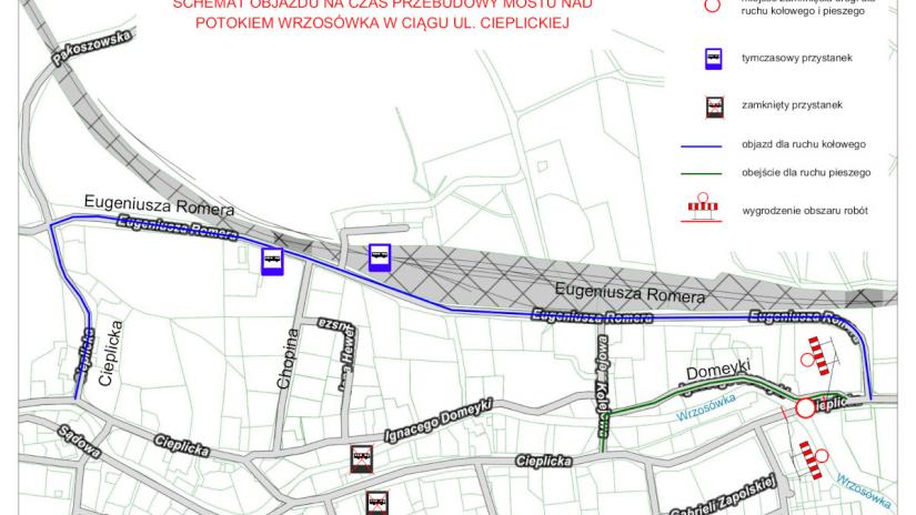 Mapka z objazddem ul. Cieplickiej.
