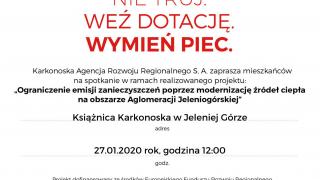 Plakat informacyjny o spotkaniu ws. dotacji do wymiany źródła ogrzewania, 27 stycznia 2020 roku o godz. 12.00 w Ksiąznicy Karkonoskiej.
